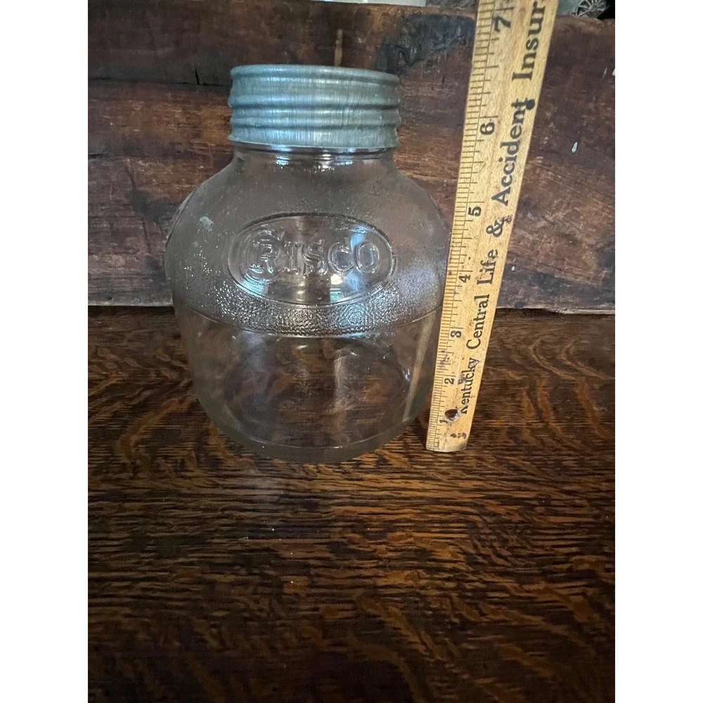 Vintage Crisco Ball Glass Jar with Zinc Lid and Milk Glass Liner Embossed 6 inch